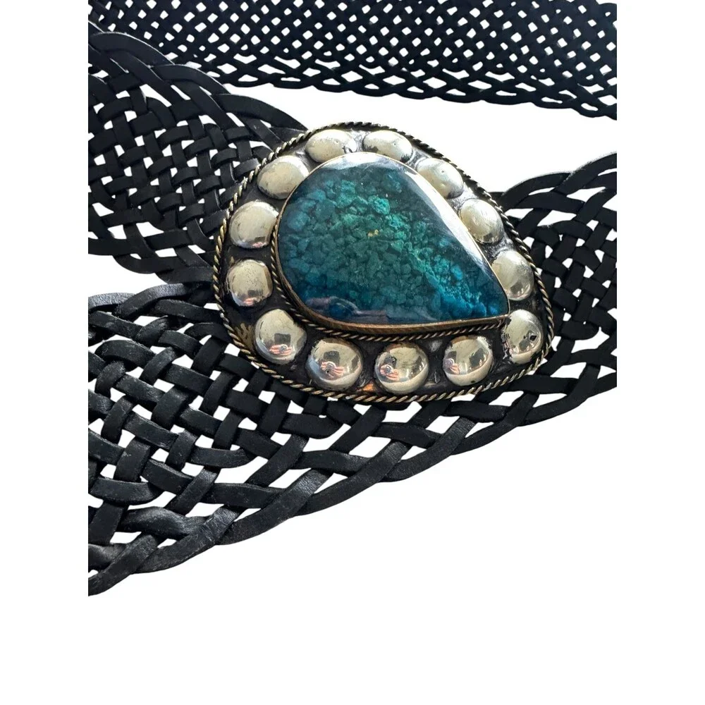 Vintage Black Braided Leather Extra Wide Statement belt Malachite Turquoise